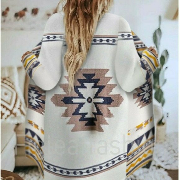 New Aztec Print Blanket Western Cardigan Sweater Coat Southwest Boho - Picture 8 of 9
